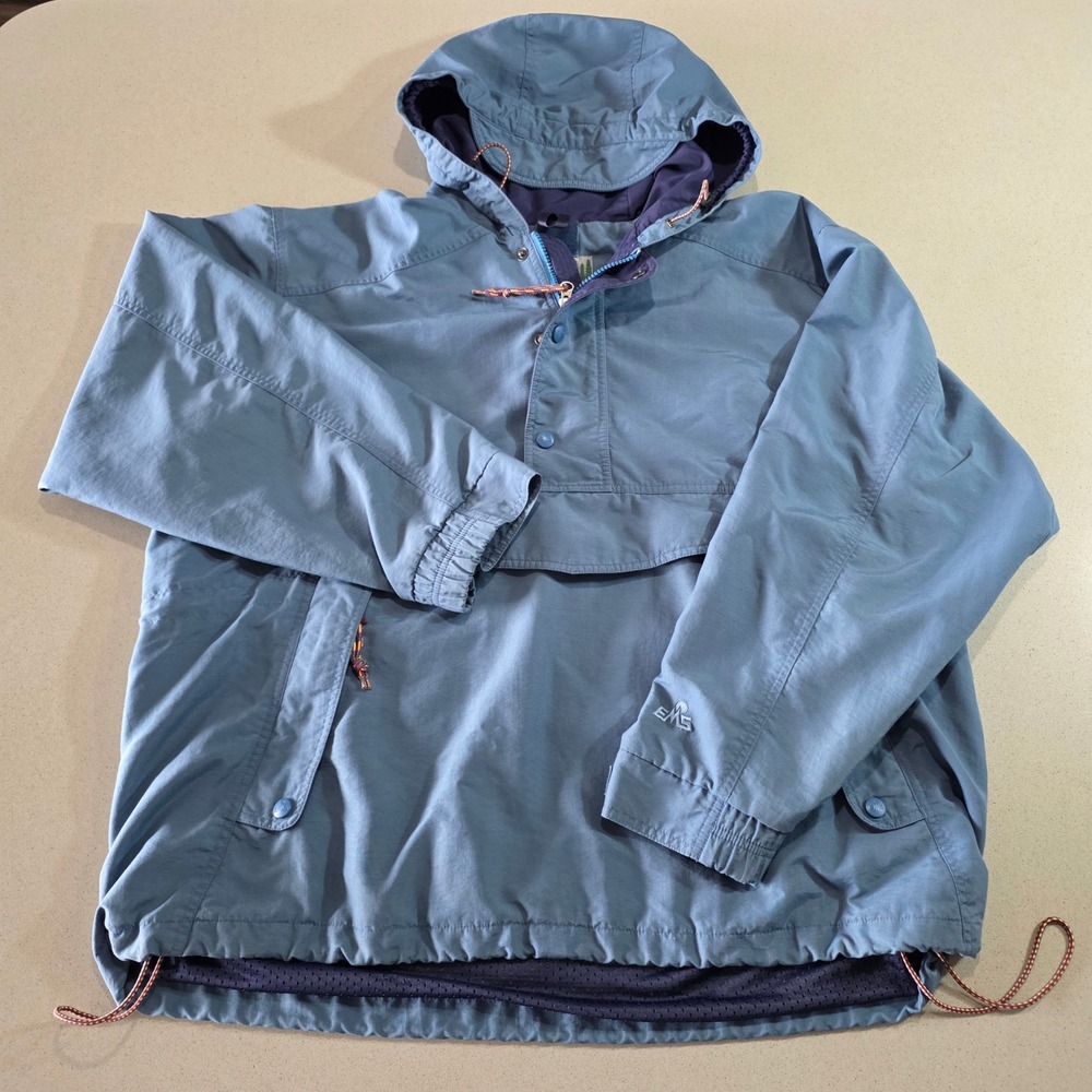 EMS Eastern Mountain Sports Mens Large Blue Anorak Hooded Windbreaker Jacket
